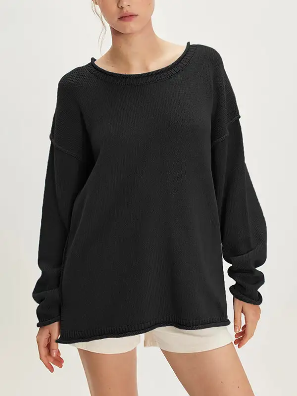 Paneled Round Neck Long Sleeve Relaxed Fit Easy Fit Sweater