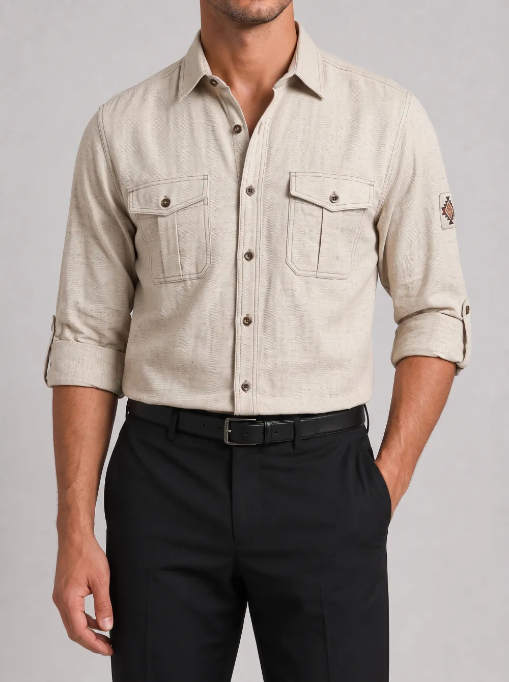 Men's Casual Western Aztec Patch Printed Long Sleeve Shirt