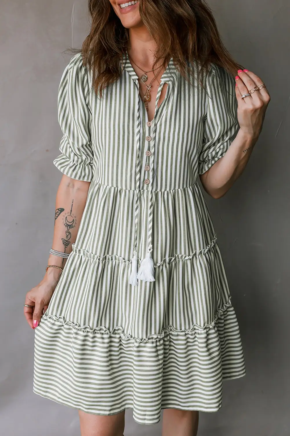 Tasseled Tie Neck Ruffled Short Sleeve Tiered Flattering Dress