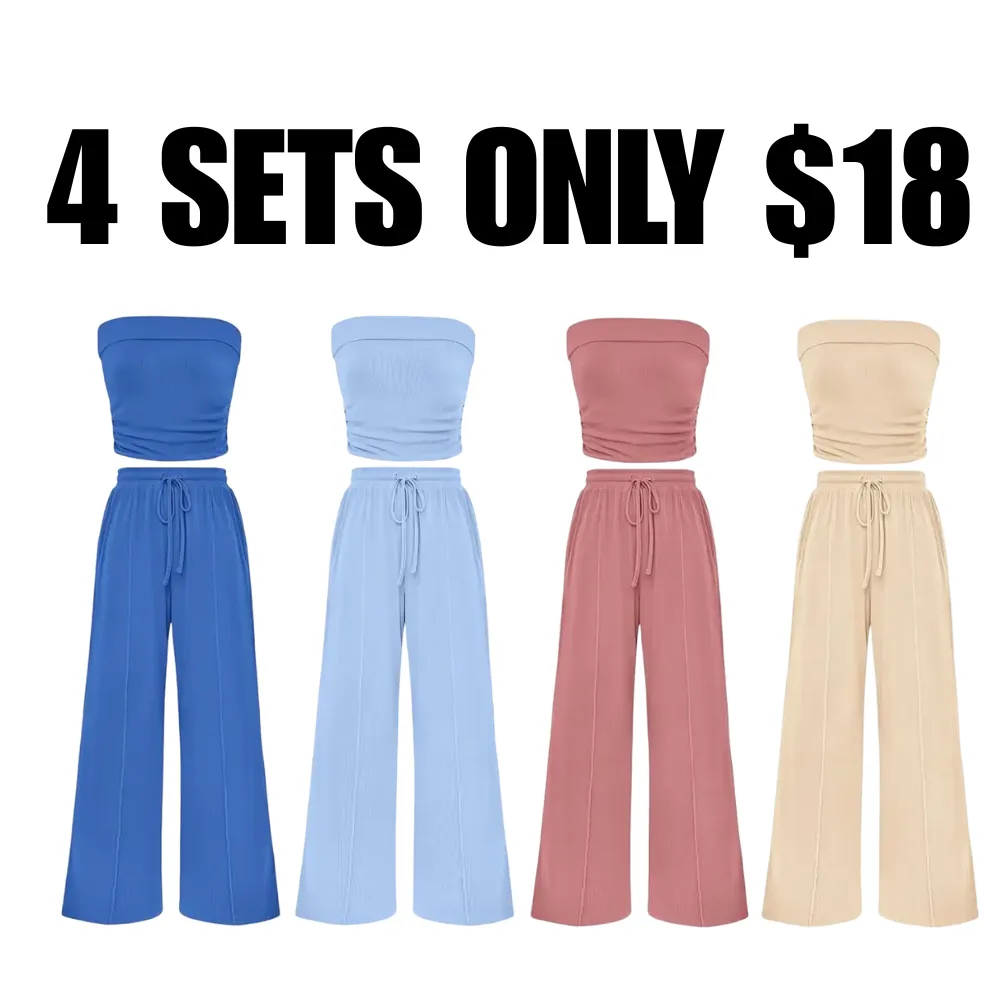 Women's Summer Outfits 2 Piece Sets Casual Ribbed Knit Crop Top & Wide Leg Pants