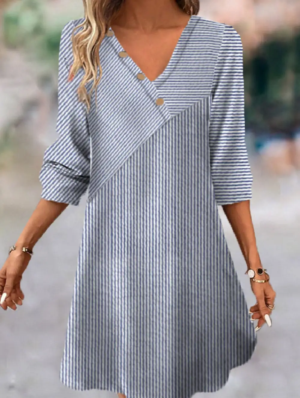 Soft Drape Striped V-Neck Dress