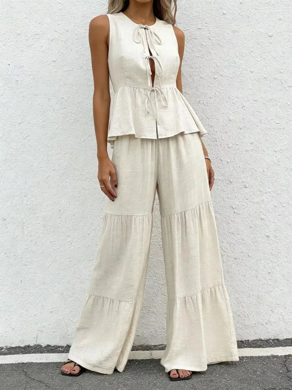 Sleeveless Tie Front Top and Wide Leg Pants Set