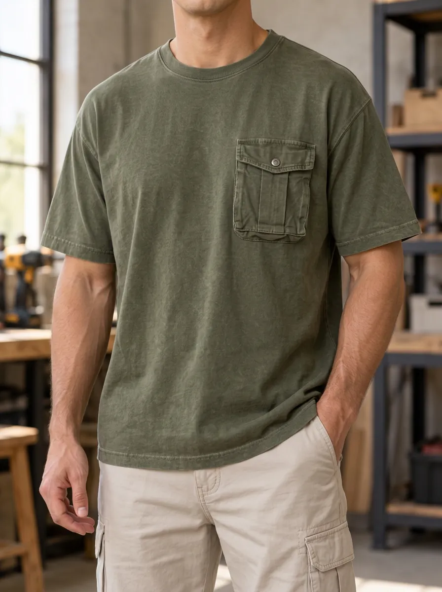Men's Workwear T-Shirt with Faded Finish and Chest Pocket