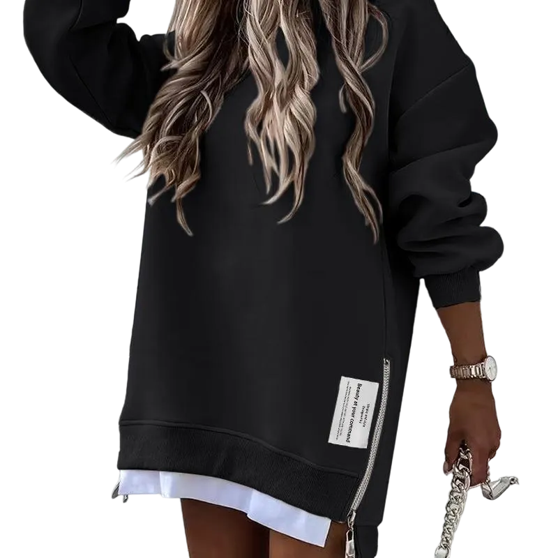 Womens Long Sleeve Pullover Sweatshirt Zipper Slit Casual Dress