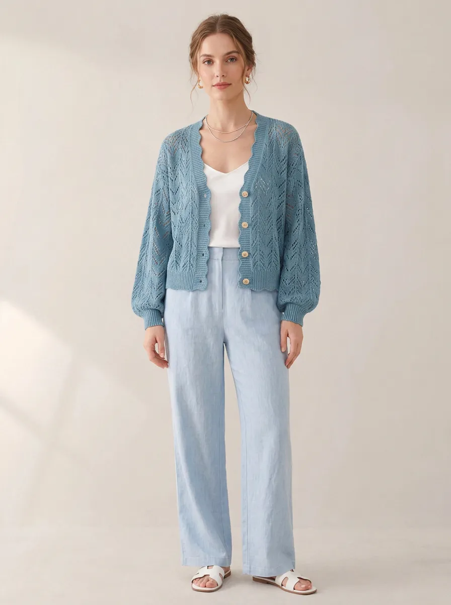 Women's Blue Crochet Knit Scalloped Edge Buttoned Cardigan