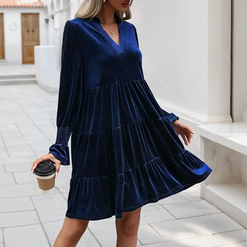 Women's V-Neck Puff-Sleeve Ruffled Dress