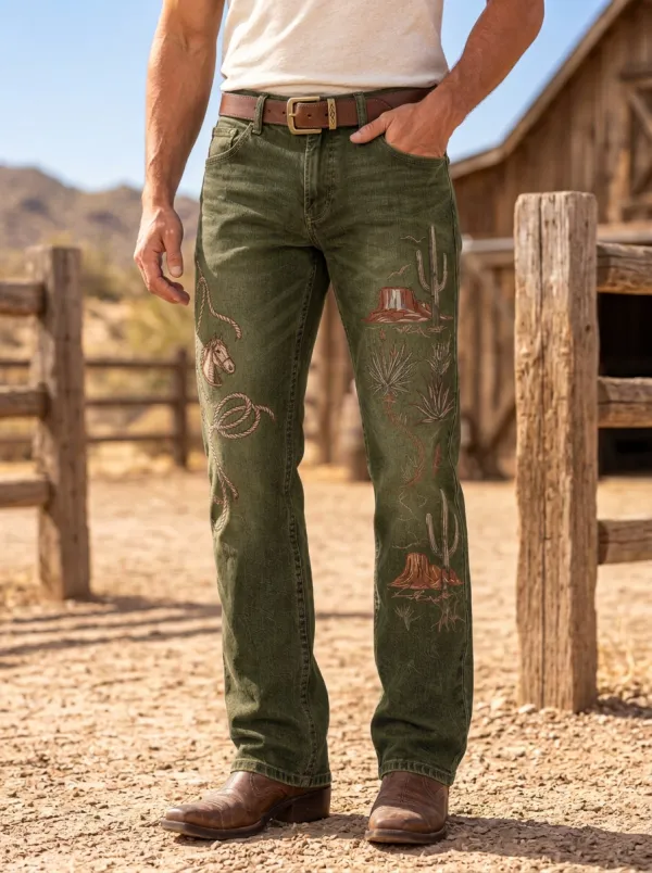 Men's Western Cowboy Horse Cactus Desert Printed Jeans