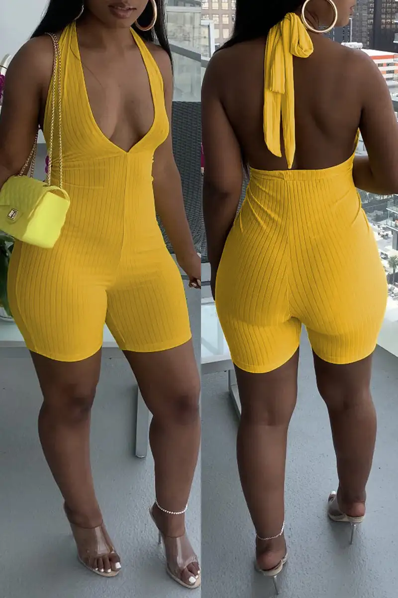 Sexy Casual Solid Backless Halter Sleeveless Skinny Romper