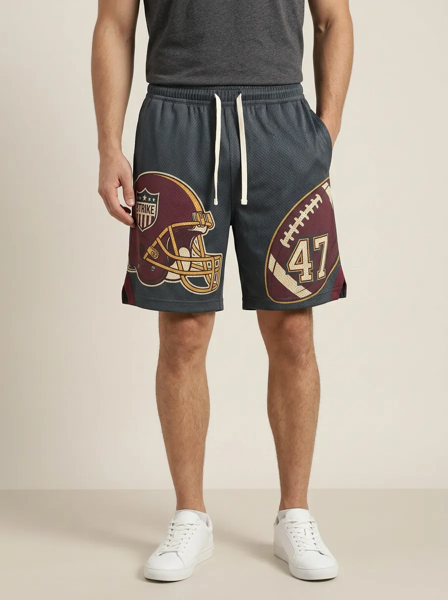 Men's American Football Fan Helmet Number 47 Printed Mesh Shorts