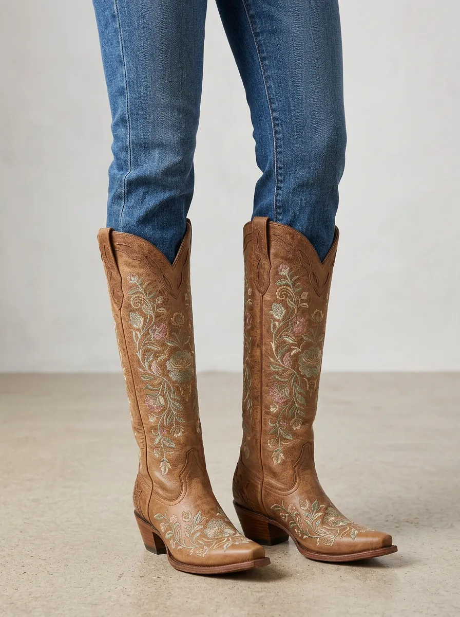 Women's Western Floral Embroidered Denim Over-the-Knee Boots