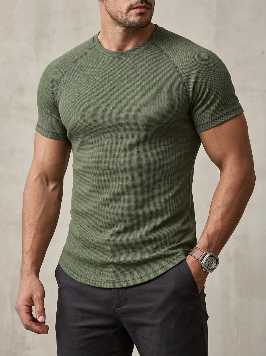 Classic Waffle Knit Ribbed Textured Textured Look Men's Slim Fit Short Sleeve T-Shirt