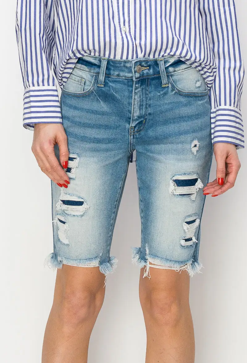 Mid Rise Distressed Frayed Hem Denim Shorts