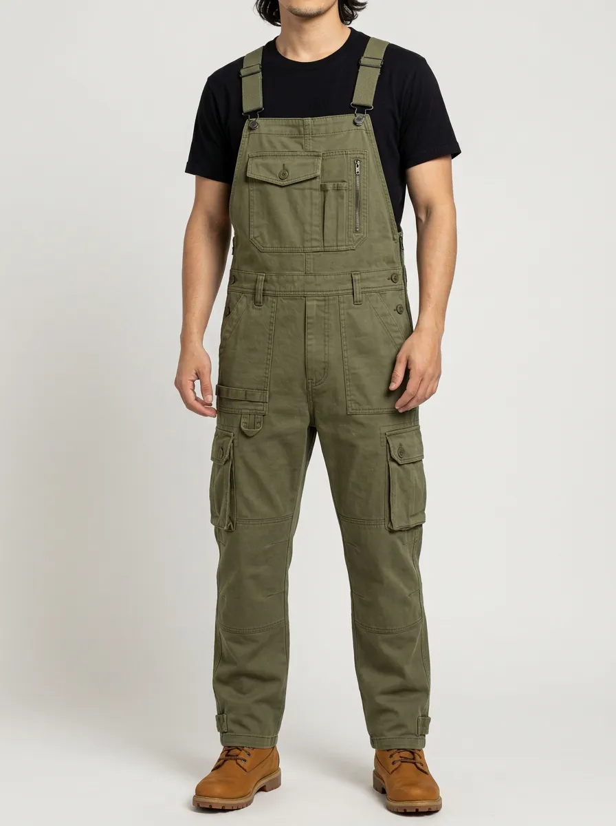 Men's Olive Green Multi-Pocket Cargo Bib Overalls