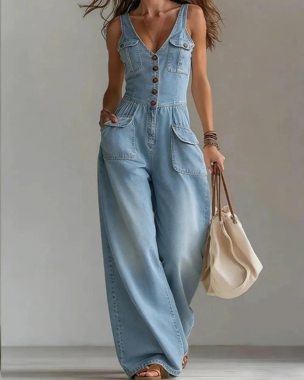 Washed Denim Loose-Fit Sleeveless Jumpsuit