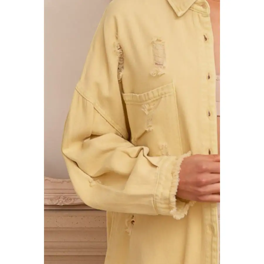 Button Down Raw Hem Distressed Shacket Apparel