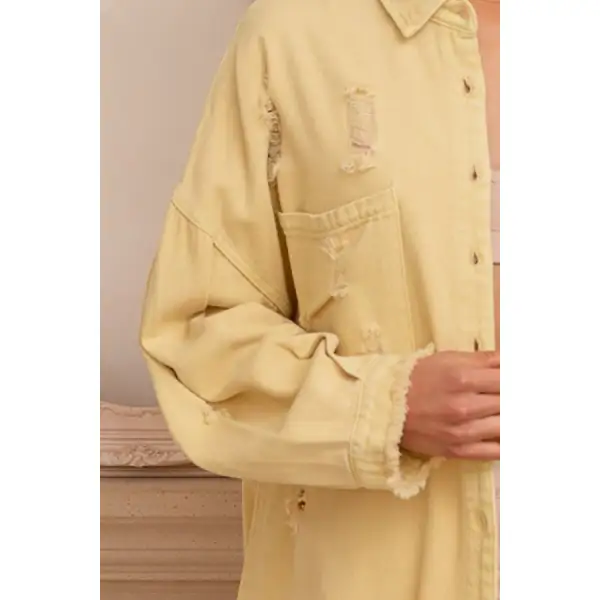 Button Down Raw Hem Distressed Shacket Apparel