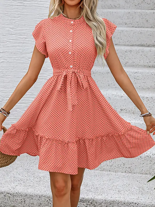 A Line Relaxed Buttoned Pleated Polka Dot Tied Waist Round Neck