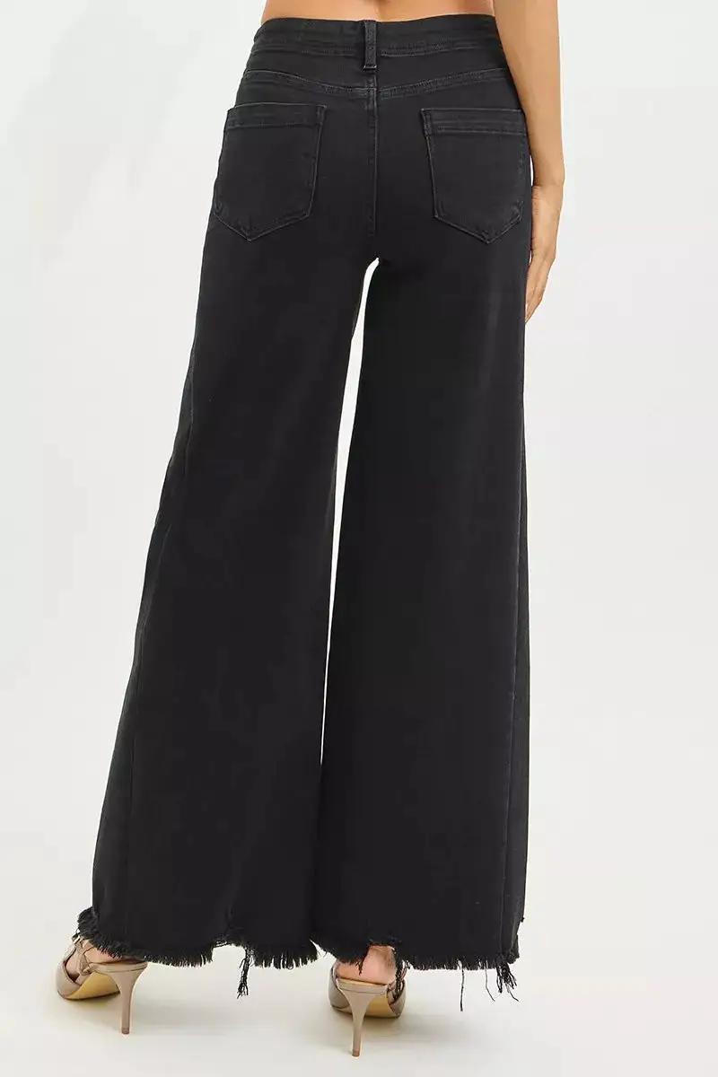 High Rise Frayed Hem Wide Leg Jeans
