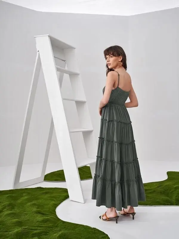 Women Shirred Detail Frill Layered Hem Cami Dress