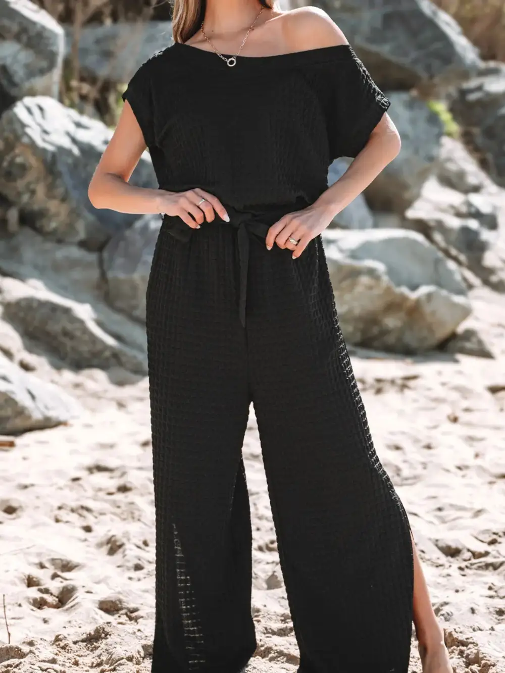 One Shoulder Short Sleeve Knotted Waist Shorts