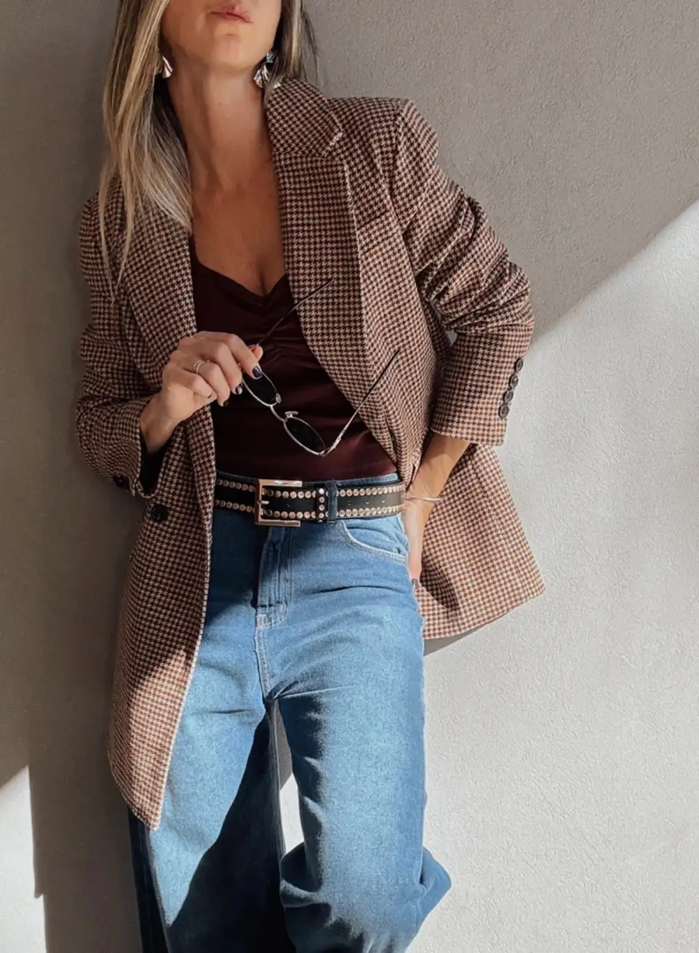 Tailored Houndstooth Double-Breasted Blazer