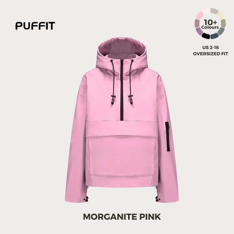 STM-TEX Waterproof Oversized Fall Hoodie Coat – Warm Half Zip Rain Jacket with Adjustable Waist, Hood & Cuffs