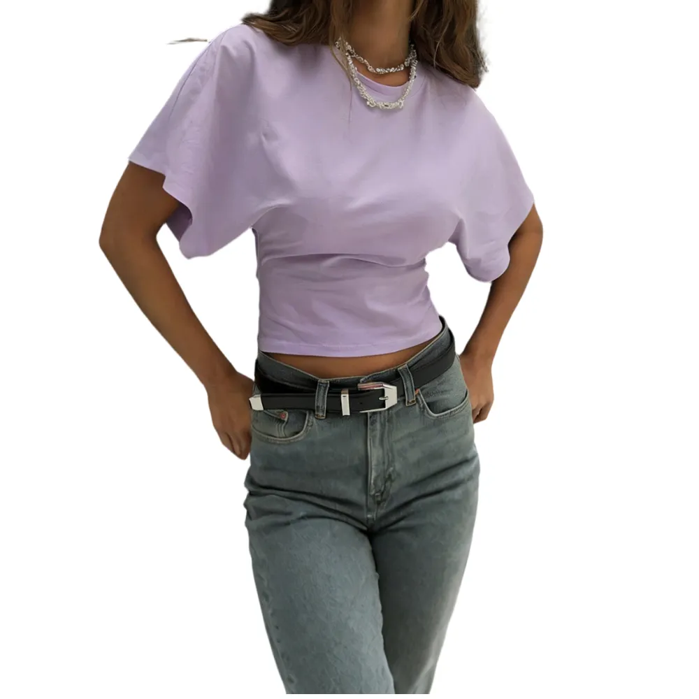 Women's Solid Color Crop Tee, Casual Half Sleeve Round Neck T-shirt