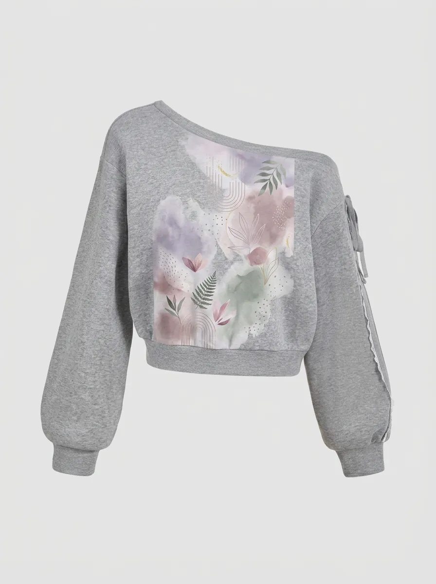 Women's Boho Botanical Watercolor Printed One-Shoulder Sweatshirt