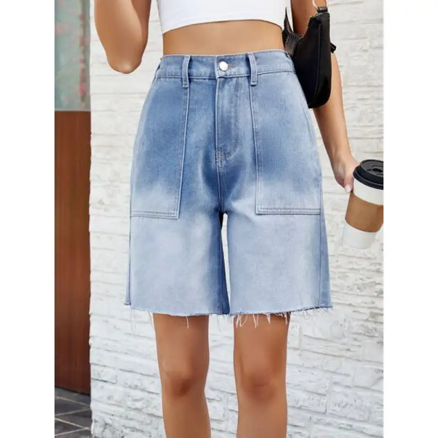 Buttoned Raw Hem Denim Shorts with Pockets