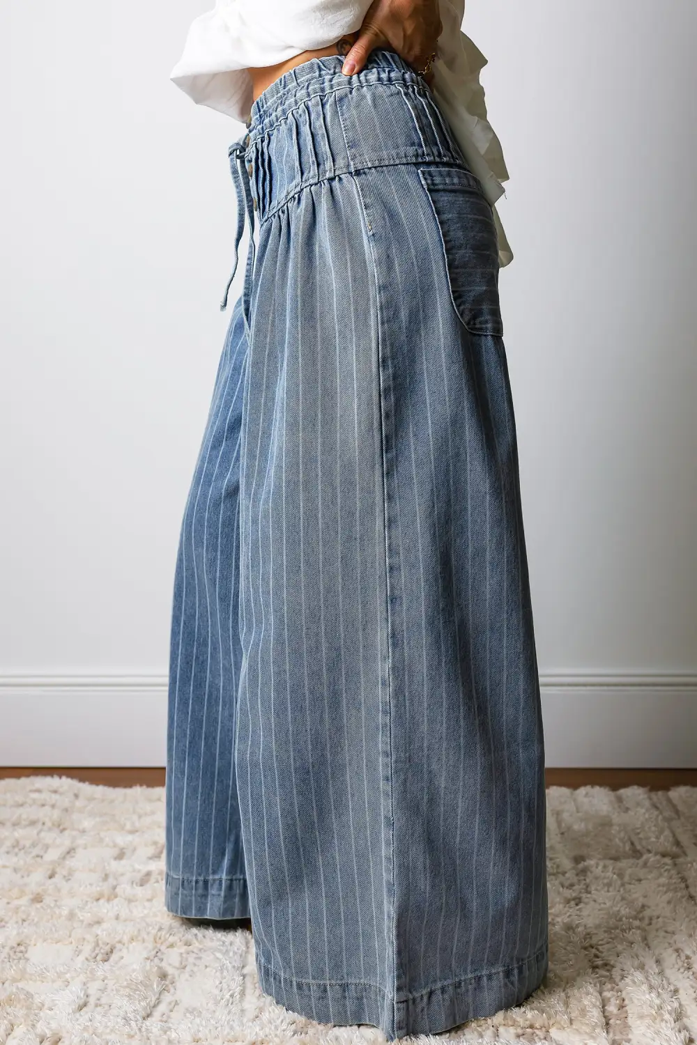 Button Pleated Drawstring Waist Casual Wide Leg Jeans