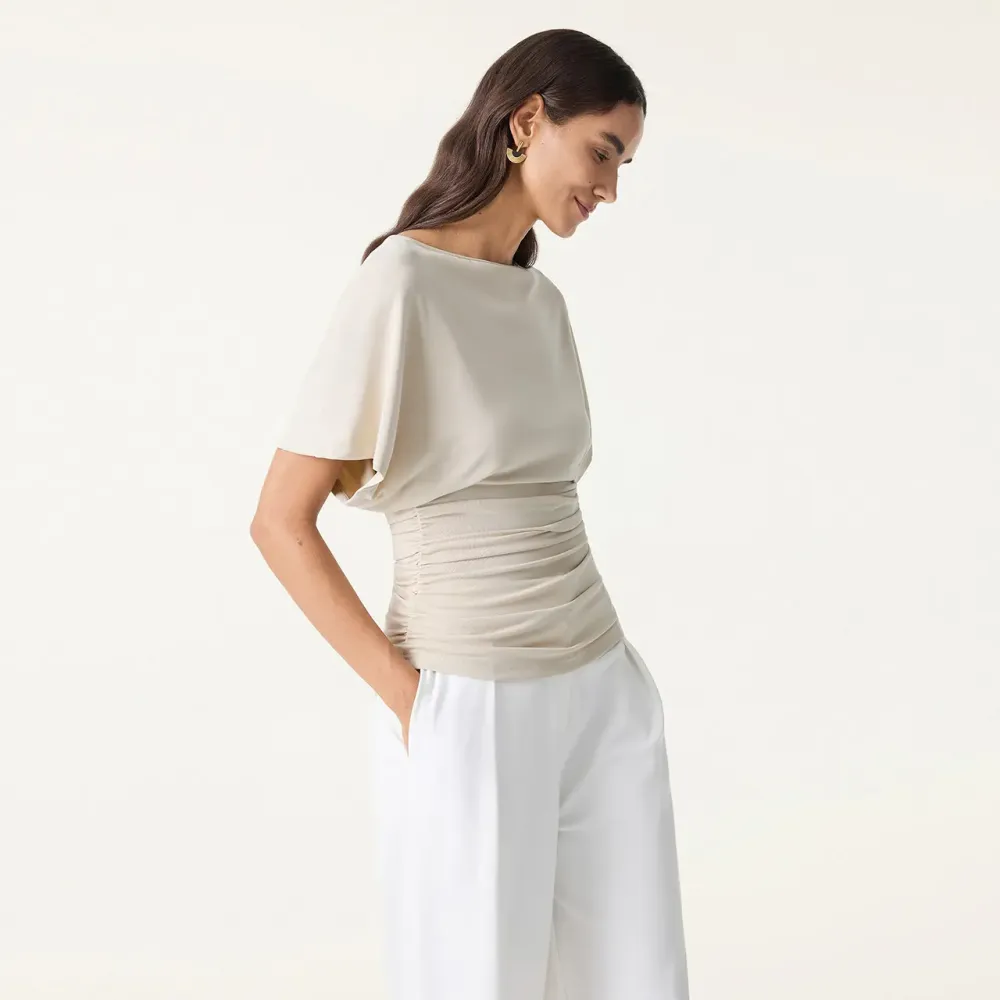 Effortless Boatneck Batwing Sleeve Side Ruched Top - Stylish & Comfortable Women's Fashion baju  kelawar  outfit SpringStatements