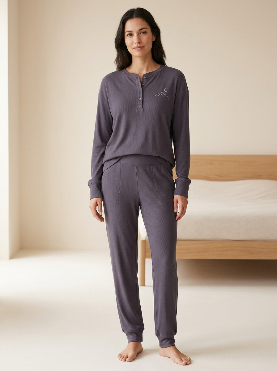 Women's Mountain-Moon Ribbed Henley Jogger Lounge Set