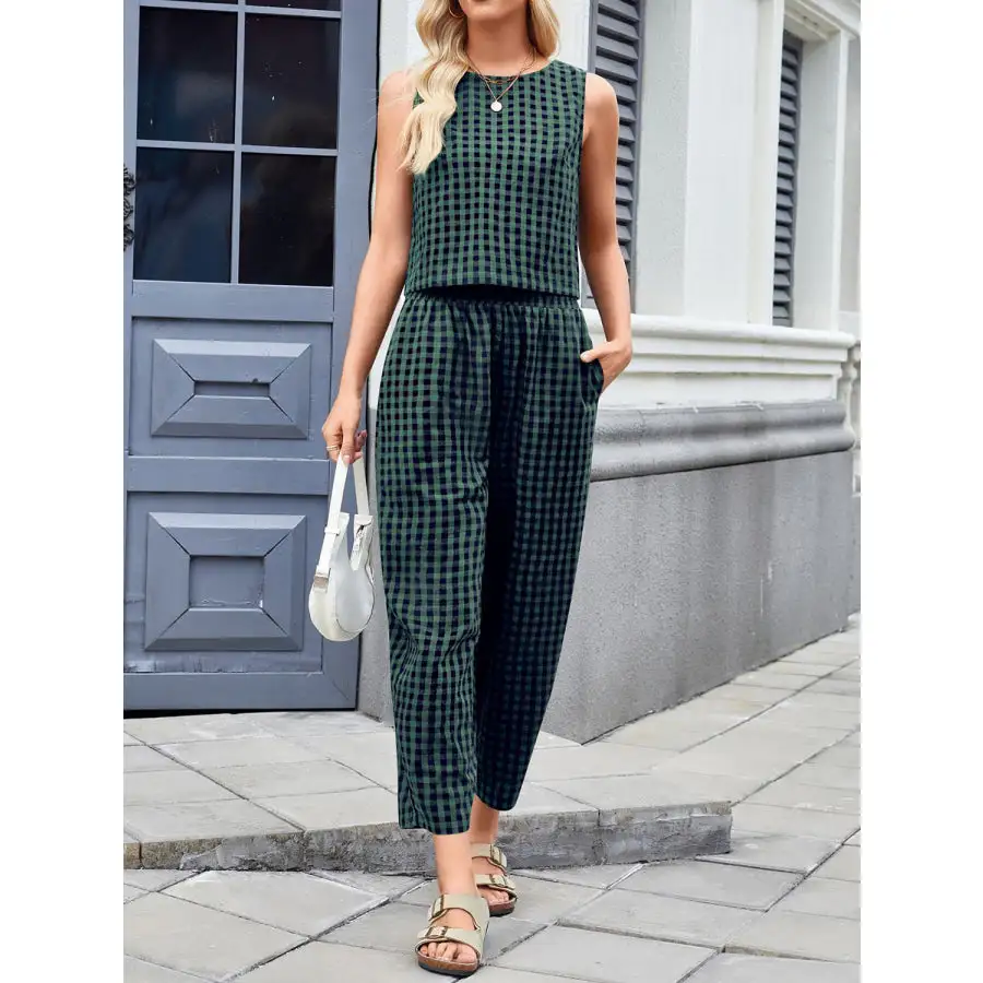 Lovelet Plaid Round Neck Sleeveless Top and Pants Set