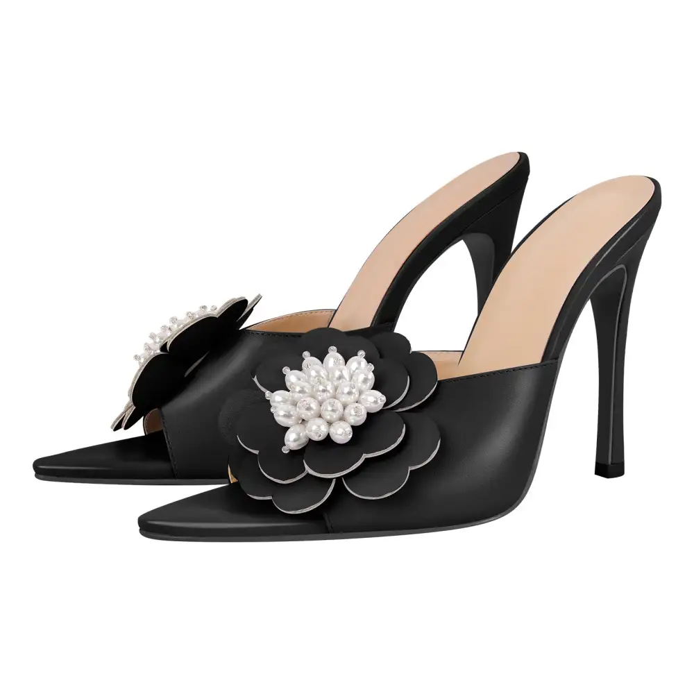 Pearl Flower Pointed Toe Stiletto Mule Sandals