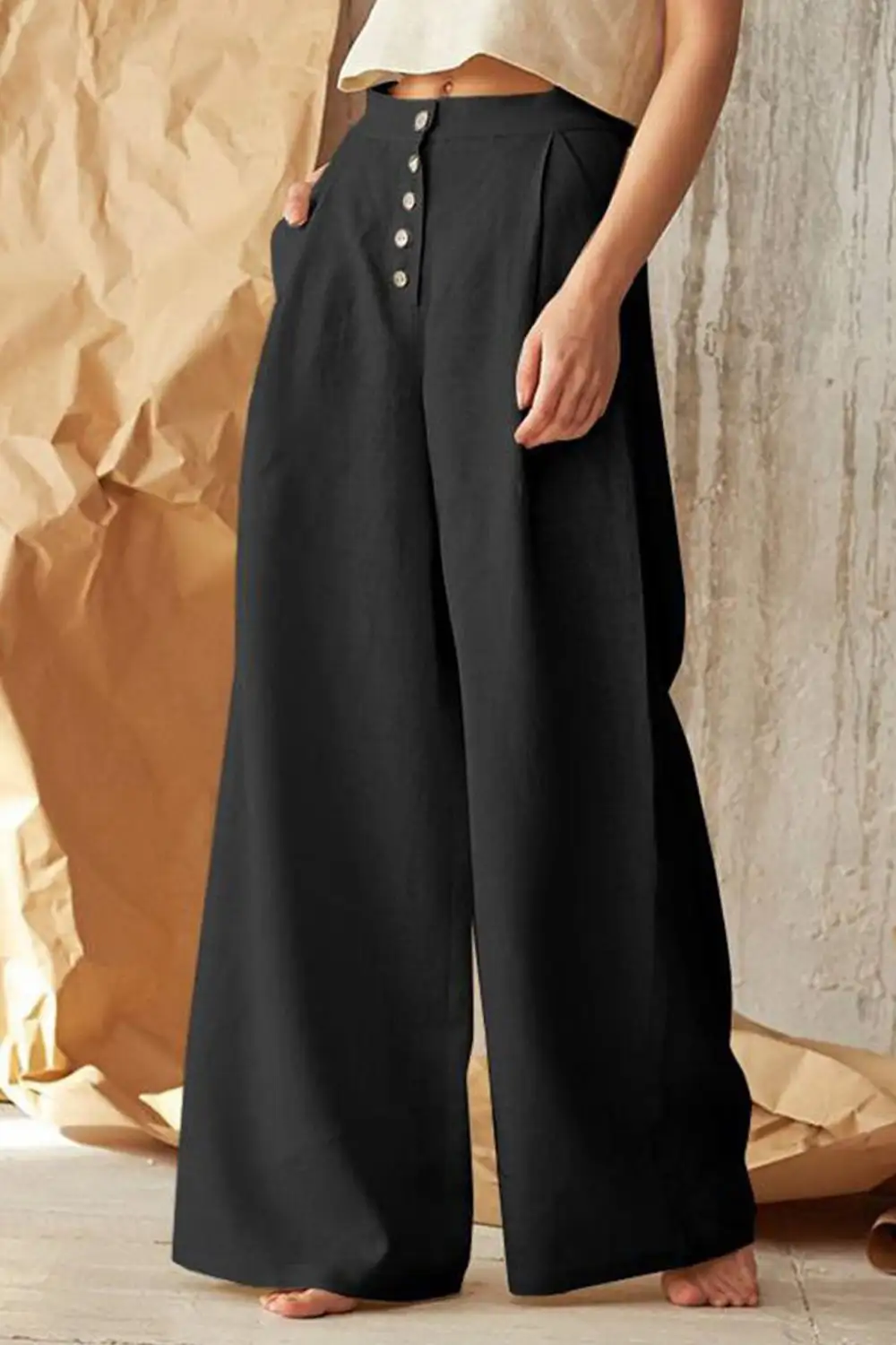 Front Button Wide Leg Cotton Linen Pants