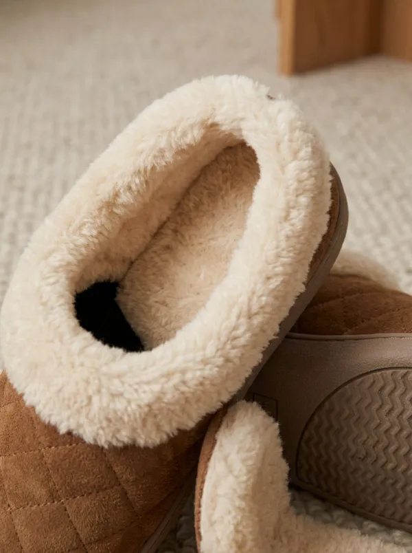 Women's Cozy Home Quilted Brown Faux Fur Lined Wool Slippers