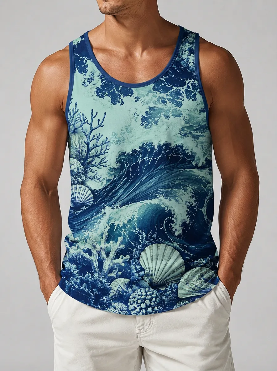 Men's Ocean Print Sleeveless Tank Top with Designed for a comfortable, non-restrictive silhouette