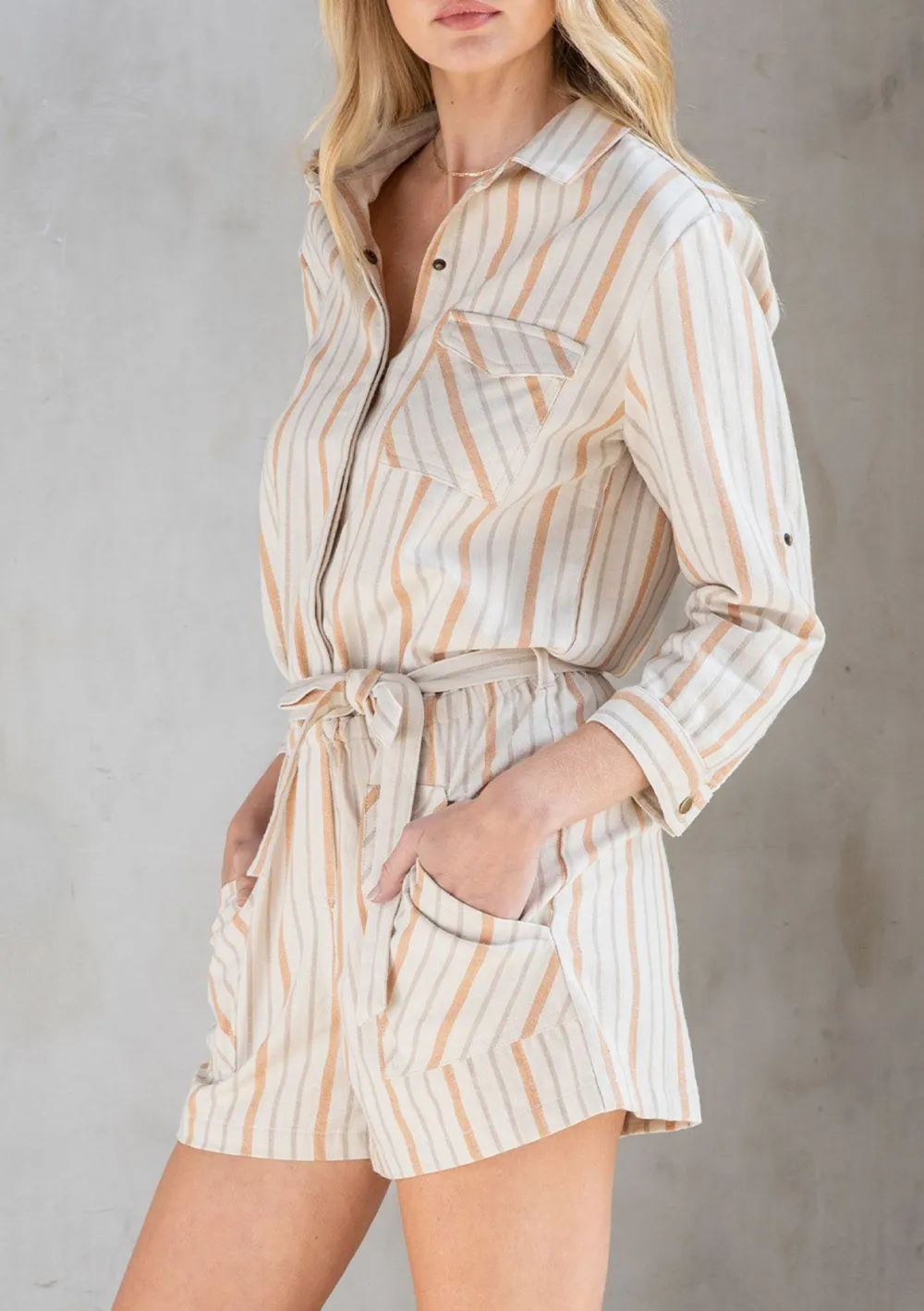 Tied Striped Long Sleeve Romper