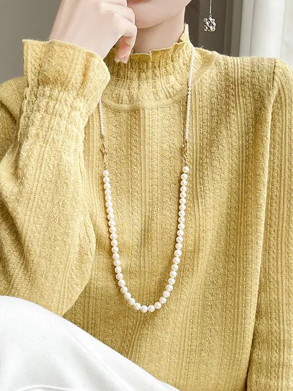 Long Sleeve Relaxed Elasticity Ruffle Trim Mock Neck T-Shirt