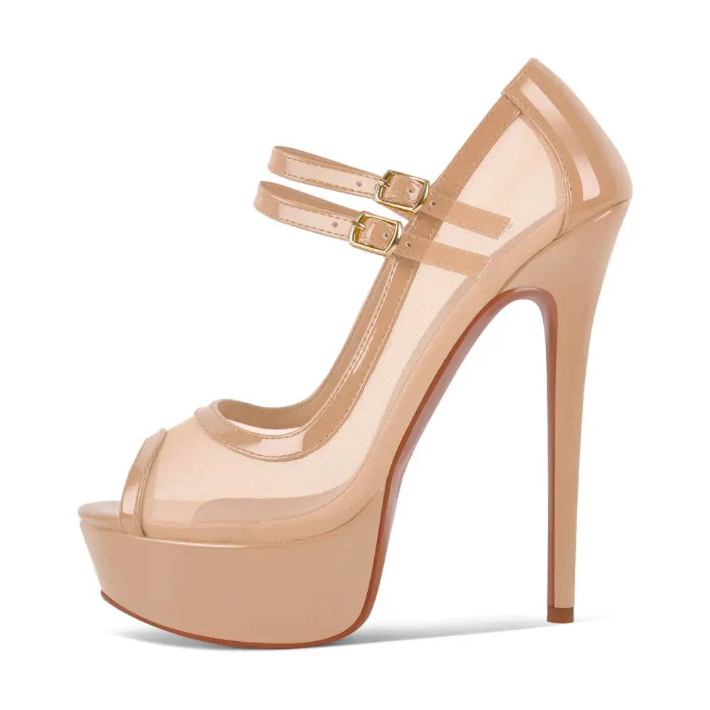 Mesh Detail Peep Toe Platform Stiletto Pumps