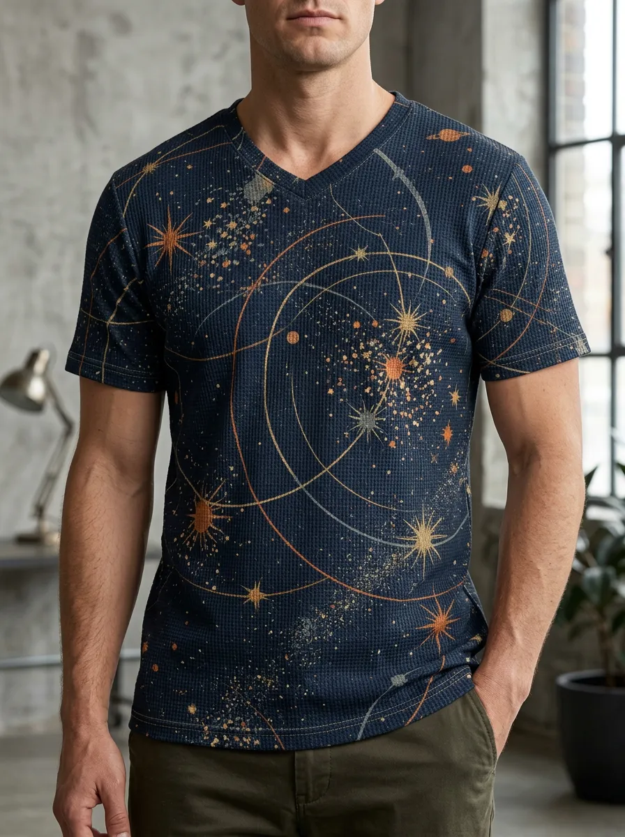Men's Astronomy Lover Celestial Star Printed V-Neck T-Shirt