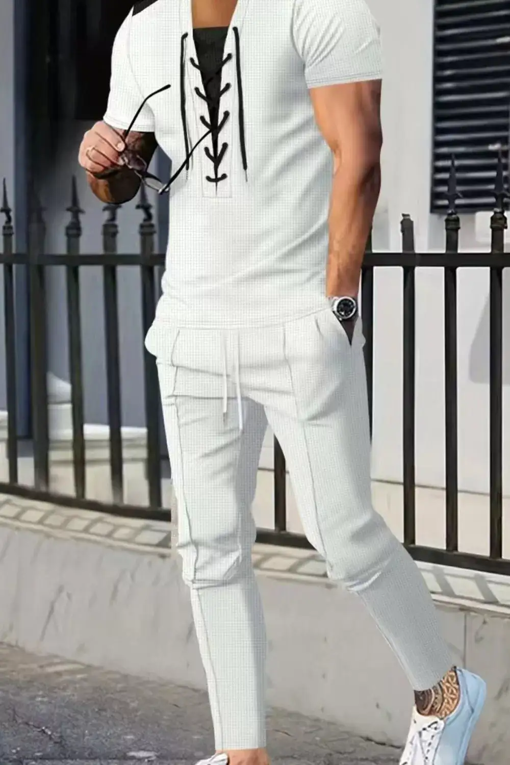 Men's Full Size Lace Up Front Top and Pants Set