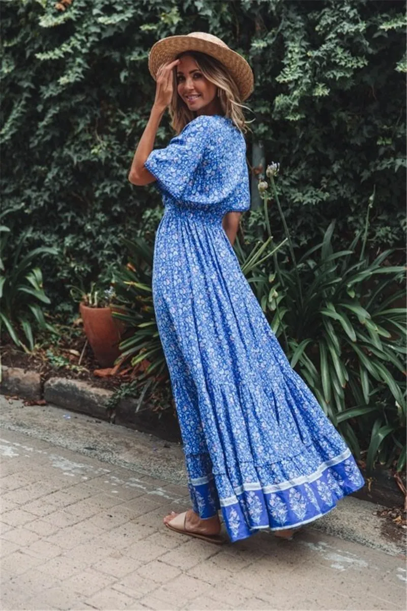V-Neck Short Sleeve Boho Maxi Dress