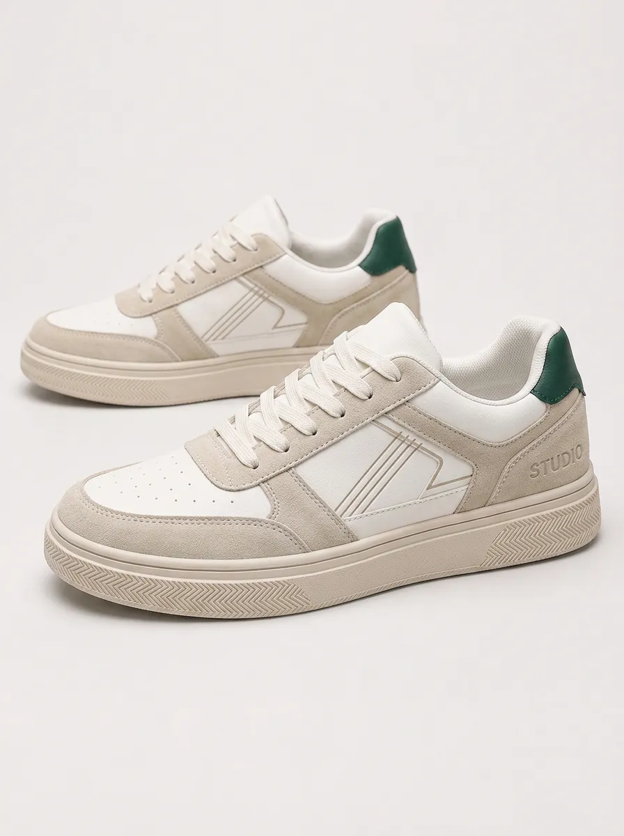 Men's Casual Studio Beige Green Colorblock Suede Printed Sneakers