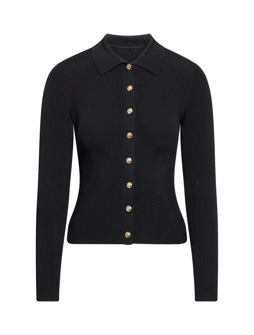 Black Ribbed Knit Long Sleeve Polo Top