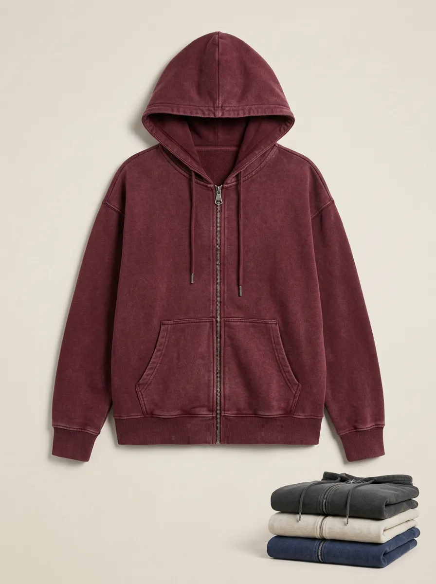 Vintage-Wash Unisex Zip-Up Hooded Jacket