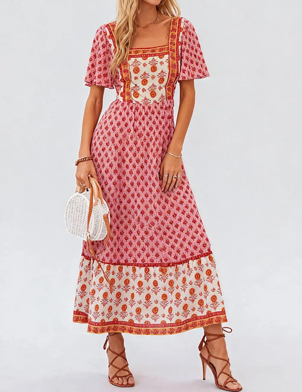 Boho Square Neck Short Sleeves Maxi Dress