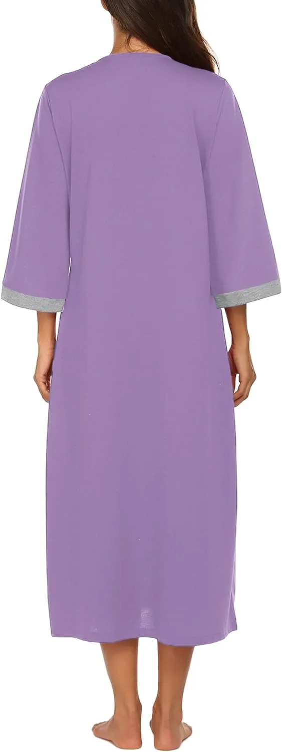 50% OFF Women Zipper Robe 3/4 Sleeves Loungewear Dress Full Length Sleepwear Pockets Housecoat Nightgown Long Bathrobe