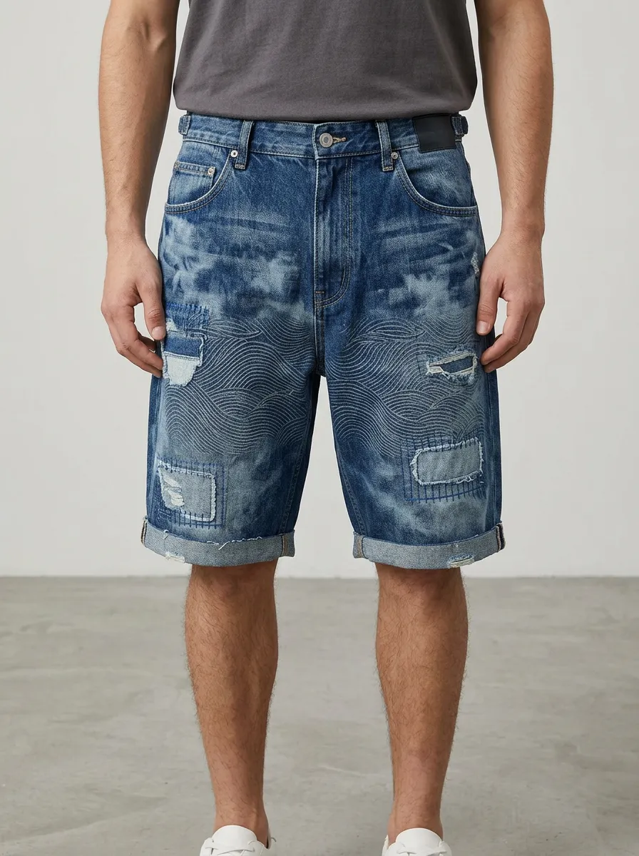 Men's Wave Patchwork Distressed Distressed Denim Shorts