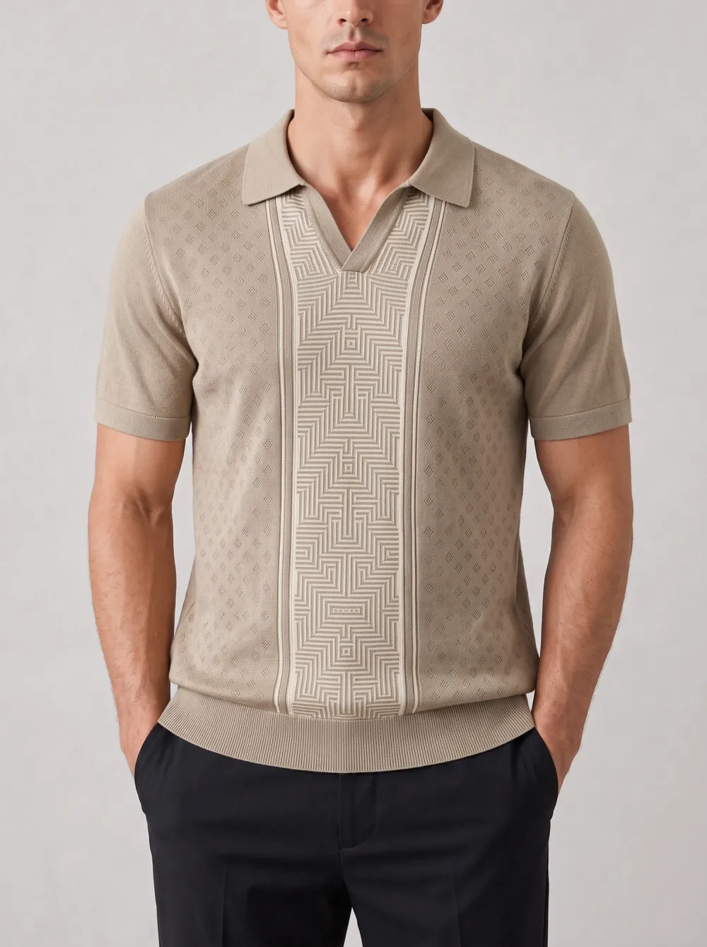 Men's Geometric Front Panel Textured Knit Polo